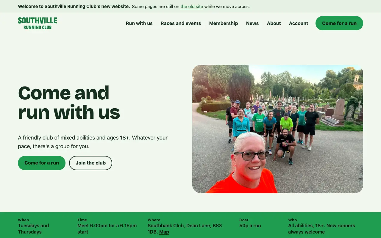 Screenshot of the Southville Running Club website